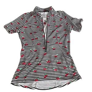 Shebeest Womens Cycling Jersey Small Black White Striped Cherry Print Half Zip